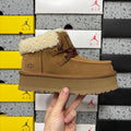 UGG Goldenstar Crafted Lace Women's Boot – Suede Moc-Toe Ankle Boot with Shearling Lining, Multi-Colour Woven Lace & Chunky Platform Sole in Chestnut