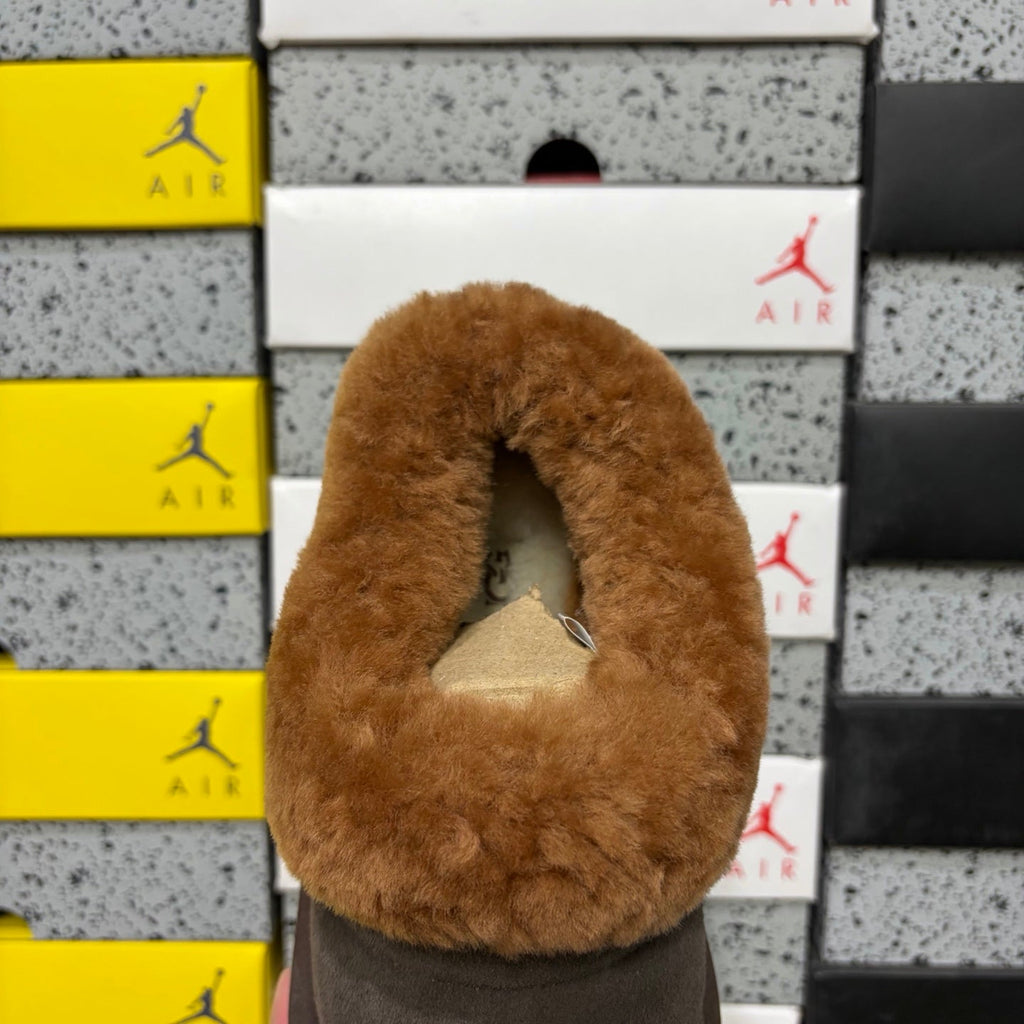 UGG Tazz Platform Slip-On Slipper – Suede Moccasin with Caramel Shearling Cuff & Chocolate Platform Sole in Chocolate