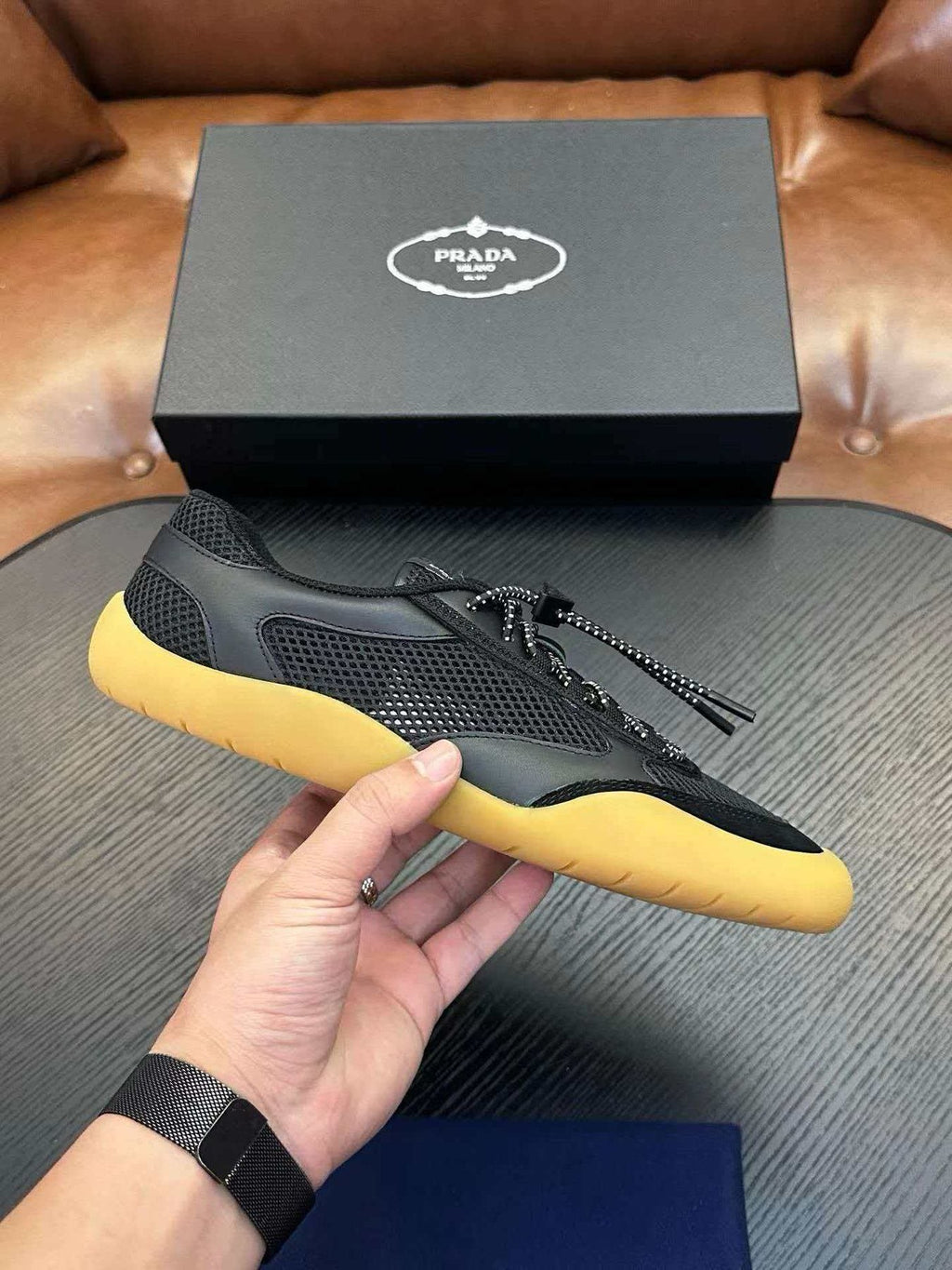 Prada Men's Black Sneakers with Yellow Sole
