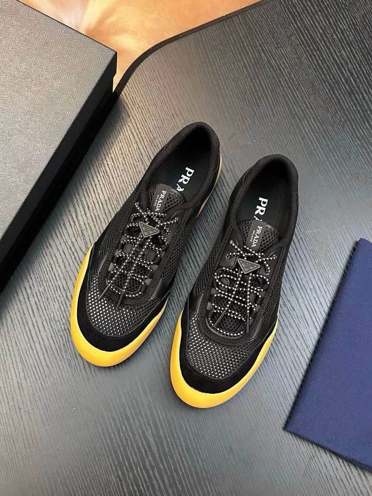 Prada Men's Black Sneakers with Yellow Sole