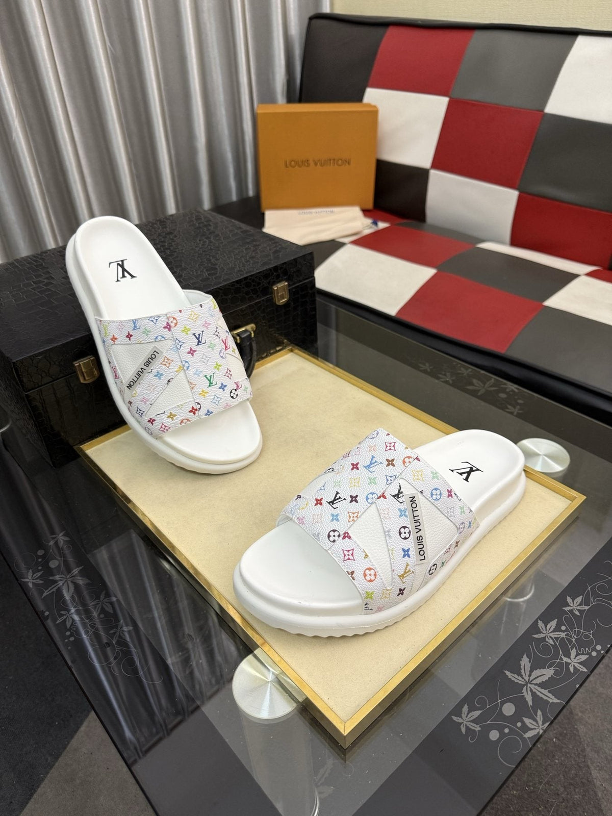 Louis Vuitton White Monogram Print Slide Sandals